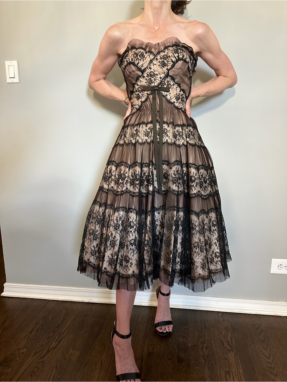 Strapless Black Lace-Appliqué Midi Dress with Pale Pink Underlay - Picture 3 of 8